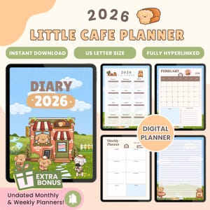 Pode incluir: Planejador digital com tema de café para 2026. A imagem mostra um tablet com uma capa que diz "Diary 2026" e outras páginas com calendários e layouts de planejador semanal. O texto "Little Cafe Planner" está no topo.