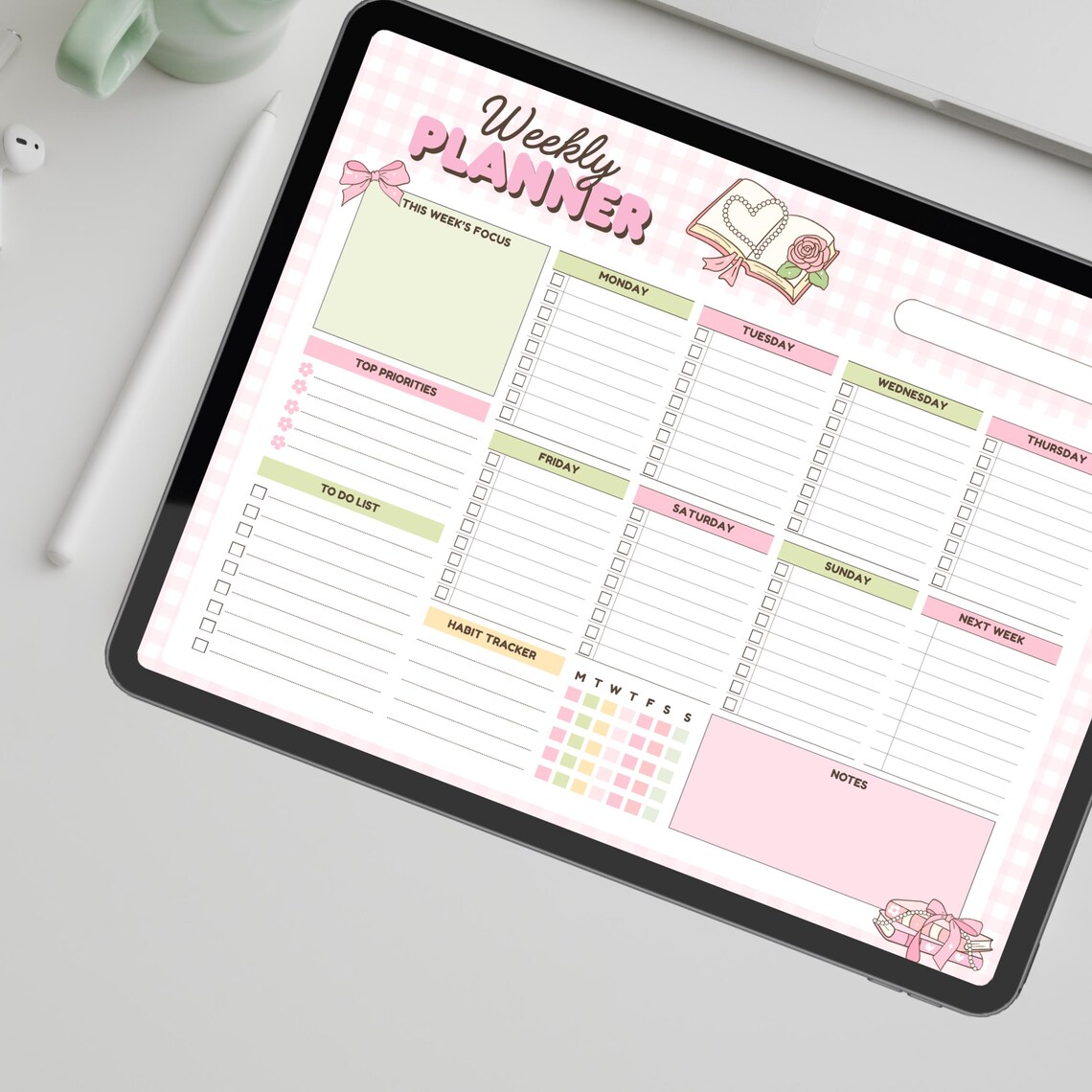 Pastel Book Theme Weekly Planner Printable & Digital Focus, Priorities ...