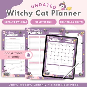 Könnte beinhalten: Ein lila-rosa Witchy Cat Planer mit täglichen, wöchentlichen und monatlichen Layouts. Der Planer enthält eine digitale Version und hat das US Letter Format. Das Design zeigt Hexenkatzen-Illustrationen und den Text "Witchy Cat Planer".
