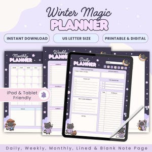 Puede incluir: Un planificador digital con temática invernal, con diseño mensual, semanal y diario. El planificador incluye secciones para objetivos, listas de tareas y notas. El diseño es en tonos morados y blancos, con ilustraciones de gatos.