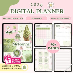 May include: A 2026 digital planner with a matcha theme, shown on a tablet. The design includes monthly and weekly planners, an index, and over 70 pages. The colour scheme is green and pink, with the text "My Planner 2026". Instant download available.