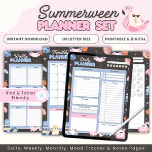 Op de afbeelding: Een digitale planner set met een zomerthema. De set bevat wekelijkse, maandelijkse en dagelijkse plannerpagina's, evenals een mood tracker en notitiepagina's. Het ontwerp heeft een donkere achtergrond met lichtblauwe, roze en oranje accenten. De tekst "Summerween Planner Set" staat bovenaan.