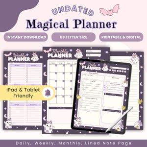 Op de afbeelding: Een digitale plannerset met een magisch thema. De set bevat wekelijkse, maandelijkse en dagelijkse plannerpagina's, samen met een gelijnde notitiepagina. Het ontwerp heeft een paars en wit kleurenschema, met vleermuis- en kattenillustraties. De tekst op de afbeelding luidt "Undated Magical Planner".