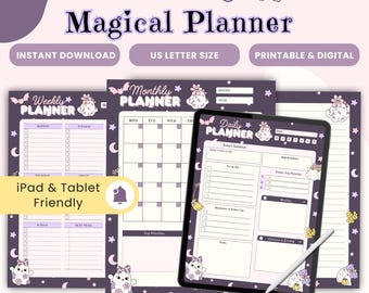 Magischer digitaler Planer, Kawaii Girly Ghost Halloween druckbar, täglicher, wöchentlicher und monatlicher Kalender, gefütterter Notizblock, Goodnotes und Tablet-Nutzung