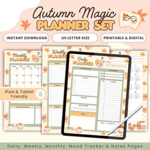 May include: Autumn Magic Planner Set featuring daily, weekly, and monthly templates with fall leaf motifs. Includes digital and printable pages in US letter size. The layout displays a tablet screen showing a daily planner page with a stylus.