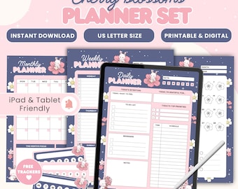 May include: A planner set with a cherry blossom theme. The set includes a monthly, weekly, and daily planner, plus free trackers. The design features pink and white accents on a navy blue background. The text includes "Instant Download" and "US Letter Size".