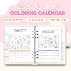 Calendario para colorear 2026 y 2027 con inicio en domingo, imprimible en formato A4 y A5 (PDF), para usar en Bullet Journal o como planificador mensual.