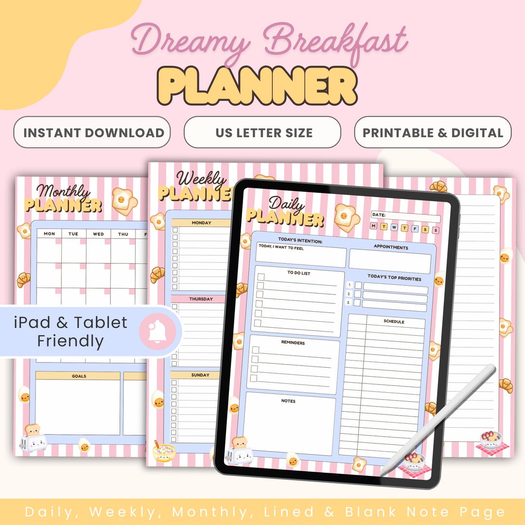 Kawaii Breakfast Theme Digital and Printable Planner, Bright Pastel To ...
