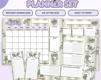 Printable Planner Set – Weekly, Monthly, Habit Tracker, To-Do List , Notes, Memo Pads – Cute Ghosts, Soft Pastel Plants, Halloween Planners