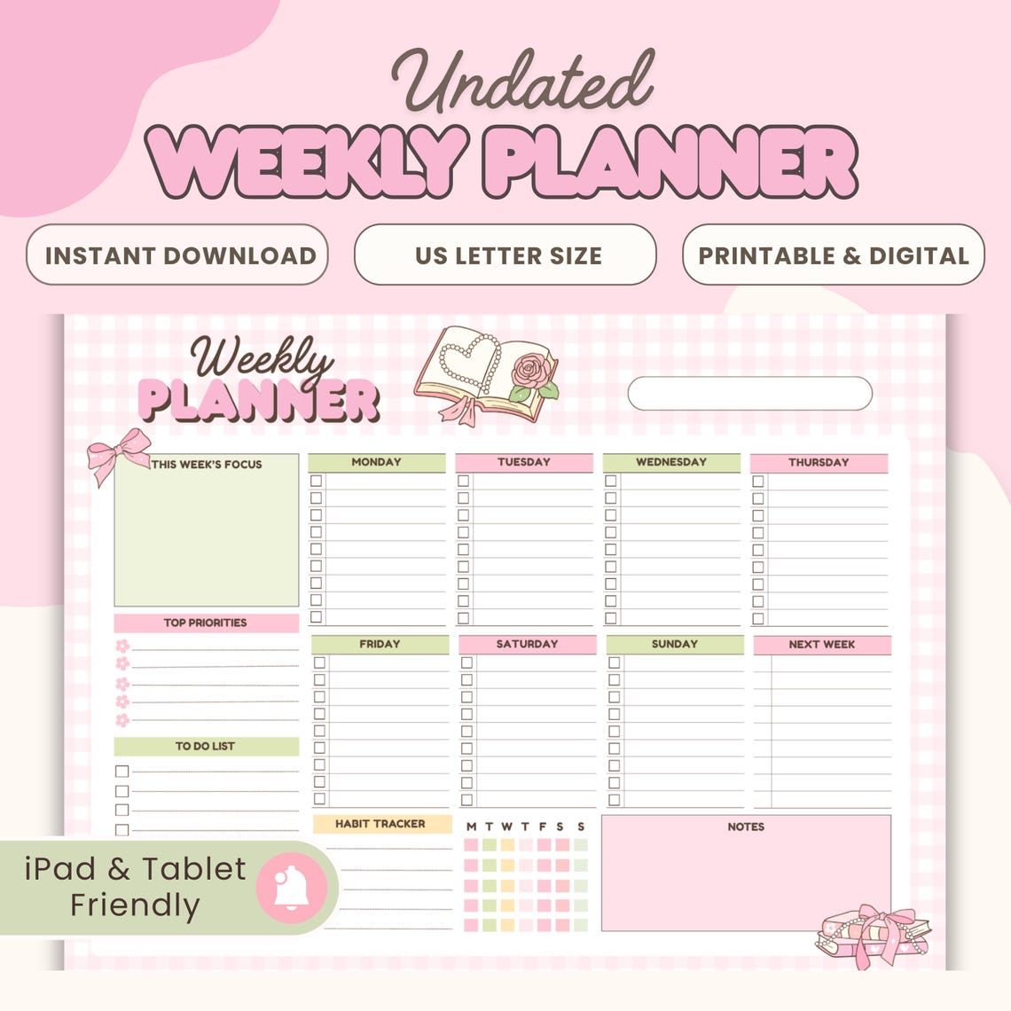 Pastel Book Theme Weekly Planner Printable & Digital Focus, Priorities ...