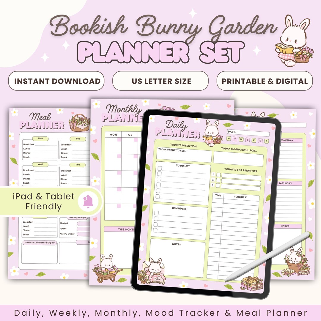 Spring Bookish Bunny Garden Planner Set – Printable & Digital, Daily ...