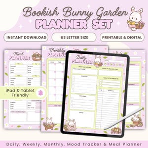May include: A planner set with a bunny theme, featuring a daily, weekly, monthly, mood tracker, and meal planner. The set includes a tablet-friendly daily planner, a meal planner, and a monthly planner. The text on the image says "Bookish Bunny Garden Planner Set".
