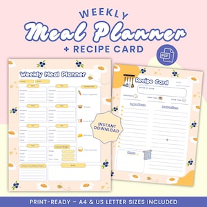 Planificador de comidas semanal imprimible y juego de tarjetas de recetas en tamaños A4 y carta (EE. UU.): bonito organizador de cocina en PDF para cocinar y preparar comidas.