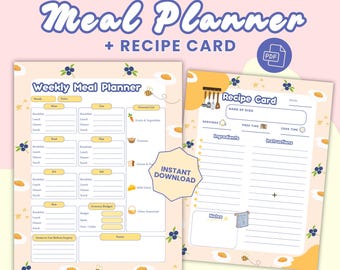 Planificador de comidas semanal imprimible y juego de tarjetas de recetas en tamaños A4 y carta (EE. UU.): bonito organizador de cocina en PDF para cocinar y preparar comidas.