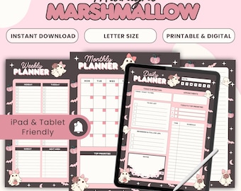 Kawaii Ghost Halloween Digital and Printable Planner, Dark Pastel To-do List, Daily, Weekly and Monthly Calendar, Cute Memo, Lined Notepad