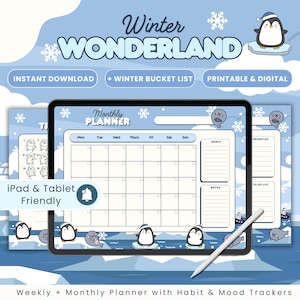 Op de afbeelding: Een digitale planner met een winterthema, met een maandplanner, een gewoontetracker en een stemmingsvolger. Het ontwerp bevat pinguïns, zeehonden en sneeuwvlokken. Tekst op de afbeelding is "Winter Wonderland", "Instant Download" en "Printable & Digital".