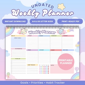 May include: A pastel-colored undated weekly planner with a spiral binding. The planner includes sections for weekly goals, top priorities, a to-do list, and a habit tracker. Text on the planner includes "Instant Download," "A4 & US Letter Sizes," and "Print-Ready PDF."