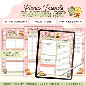 Puede incluir: Un conjunto de planificador digital con temática de picnic. El conjunto incluye páginas de planificador diarias, semanales y mensuales, además de páginas de seguimiento del estado de ánimo y notas. El diseño presenta personajes de dibujos animados y una combinación de colores rosa y verde.