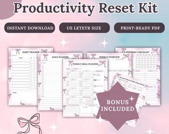 May include: An undated Productivity Reset Kit with a pink and white design. The kit includes a habit tracker, daily planner, weekly meal planner, weekly overview, and cleaning checklist. The text includes "Instant Download", "US Letter Size", and "Print-Ready PDF".
