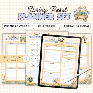 Könnte beinhalten: Ein digitales Spring Reset Planner Set mit Wochenplaner, Mood Tracker und Tagesplaner. Das Set enthält einen tabletfreundlichen Tagesplaner mit Stift. Das Design zeigt Blumen- und Tierillustrationen mit dem Text "Spring Reset PLANNER SET".