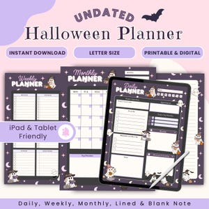 May include: An undated Halloween planner with daily, weekly, and monthly layouts. The planner includes a digital version and is iPad and tablet friendly. The design features a purple and white color scheme with bat and ghost illustrations. The text includes "Instant Download" and "Letter Size."