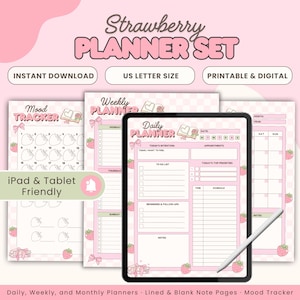 May include: A pink Strawberry Planner Set with a mood tracker, weekly, and daily planner pages. The set includes a digital planner for iPad and tablets, with US Letter size. The design features strawberries and bows.
