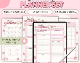 Planificador digital e imprimible en tonos pastel de fresa: diseños diarios, semanales y mensuales, notas de recordatorio, seguimiento del estado de ánimo, GoodNotes y Notability.