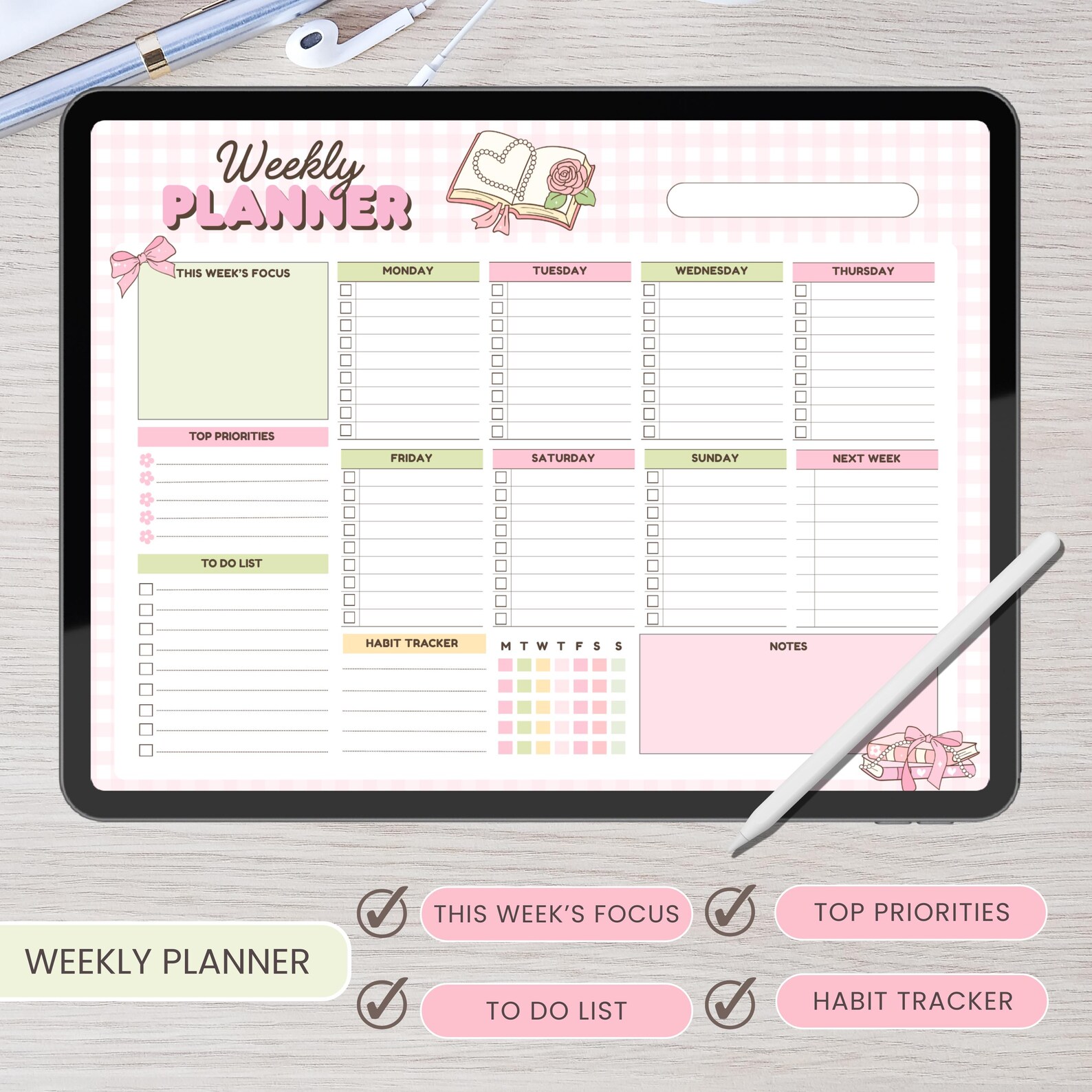 Pastel Book Theme Weekly Planner Printable & Digital Focus, Priorities ...