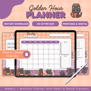 May include: Digital planner with a monthly layout, habit trackers, and mood trackers. The planner is designed for use on an iPad or tablet and features a cute cat theme. The text on the planner reads "Golden Hour Planner" and "US Letter Size."