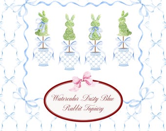 Aquarell Dusty Blue Kaninchen Topiary Chinoiserie Grandmillennial Ostern DIY Clipart Instant Download Nahtlose Schleife Hintergrund