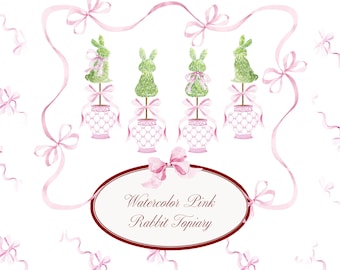 Aquarell rosa Kaninchen Topiary Chinoiserie Grandmillennial Ostern DIY Clipart Instant Download nahtlose Bogen Hintergrund