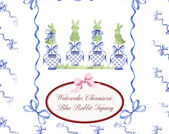 Aquarell Chinoiserie Blaues Kaninchen Topiary Chinoiserie Grandmillennial Ostern DIY Clipart Instant Download nahtlose Bogen Hintergrund
