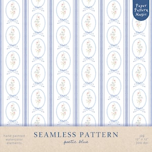 Könnte beinhalten: Nahtloses Muster mit vertikalen blauen Streifen und weißen Hintergründen. Das Design zeigt ovale Rahmen mit Blumenarrangements und blauen Schleifen. Der Text "SEAMLESS PATTERN poetic blue" steht unten. Das Bild ist 30.48 cm x 30.48 cm groß.