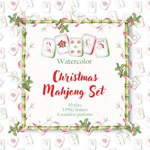 May include: Watercolor Christmas Mahjong Set with 45 tiles, 5 PNG frames, and 4 seamless patterns. The design features bamboo framing, pink ribbons, and festive Mahjong tiles with holiday-themed illustrations.
