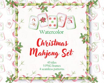 Watercolor Christmas Mahjong Set Tiles Clipart  PNG Seamless Patterns Mahjong Party Festive Background XMas Scrapbooking Digital Download
