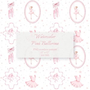 Può includere: Illustrazione ad acquerello con un motivo ripetuto di scarpette da ballo rosa, tutù e ballerine in cornici ovali, con stelle su sfondo bianco. Il testo "Watercolor Pink Ballerina" è visualizzato su un'etichetta rettangolare.