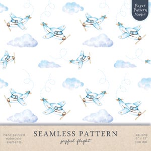 May include: A seamless pattern featuring watercolor illustrations of blue airplanes flying in a white sky with light blue clouds. The text "joyful flight" is included in the image.
