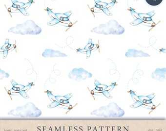 Aquarell Flugzeugmuster, fliegend, nahtlose Stoffdesign, wiederholen Fliese, Muster, digitales Papier, kleiner Junge nahtlose Flugzeug, Himmelsflug