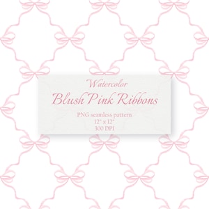 Könnte beinhalten: Ein nahtloses Aquarellmuster mit blushfarbenen rosa Bändern auf weißem Hintergrund. Die Bänder sind in einem sich wiederholenden Rautenmuster angeordnet. Das Bild enthält den Text "Watercolor Blush Pink Ribbons" und "PNG seamless pattern 30.48cm x 30.48cm 300 DPI".