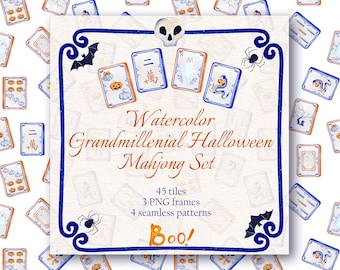 Watercolor Halloween Mahjong Tiles Clipart (PNG)