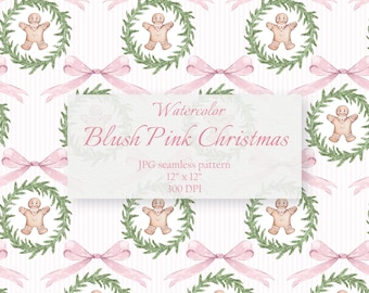 Aquarell Blush Rosa Weihnachten Nahtlose Muster Preppy Lebkuchen Mann Baws Band Wiederholung Tile Design GrandMillennial Geschenkpapier