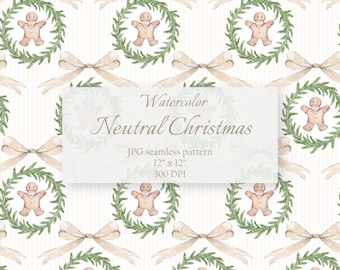 Aquarell Neutral Weihnachten Nahtlose Muster Preppy Lebkuchen Mann Baws Band Wiederholung Tile Design GrandMillennial Geschenkpapier