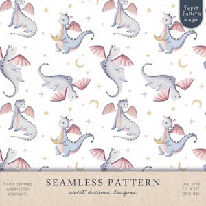 May include: A seamless pattern featuring watercolor illustrations of cute blue dragons with pink wings holding crescent moons. The background is white with scattered gold stars and yellow moons. The text "Paper Pattern Magic" is in the top right corner. The text "SEAMLESS PATTERN sweet dreams dragons" is at the bottom of the image. The text "jpg, png 12" x 12" 300 dpi" is in the bottom right corner.