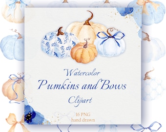 Aquarell Kürbis & Schleife Clipart: Preppy Herbst Thanksgiving (PNG Digital Download)