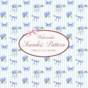 Peut inclure: Motif sans couture à l'aquarelle avec des hortensias bleus, des nœuds et des papillons sur un fond à rayures. Le motif comprend le texte "Watercolor Seamless Pattern" et les dimensions "PNG 12" x 12" 300 DPI".