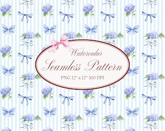 Blaue Hortensie Bögen Streifen Nahtloses Muster Kokette Pastell-Blumen-Digital-Papier Preppy Cottagecore großartige jahrtausendealte Kinderzimmer-Baby-Tapete
