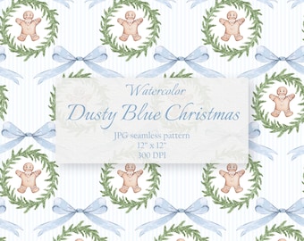 Aquarell Weihnachtsmuster: Dusty Blue Lebkuchen, Band (JPG Seamless Pattern)