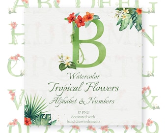 Grün Tropisch Aquarell Buchstaben & Zahlen Clipart Exotische Dschungel Blumen Hochzeitswappen Monogramm Baby Initialen Familienwappen PNG