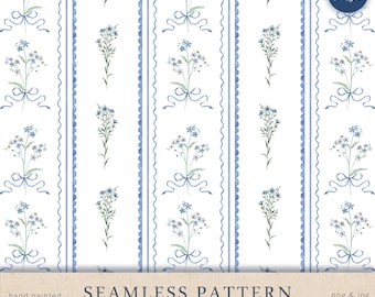 Grandmillennial Dusty Blau Blumen Aquarell Clipart Cottagecore Digitales Papier PNG Scrapbooking Grandmillennial Seamless Pattern
