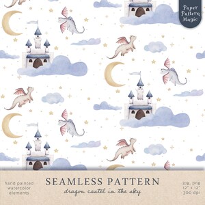 May include: A seamless pattern with watercolour illustrations of castles, dragons, moons, clouds, and stars on a white backdrop. The text "dragon castel in the sky" is included. The design is hand-painted and suitable for various applications.